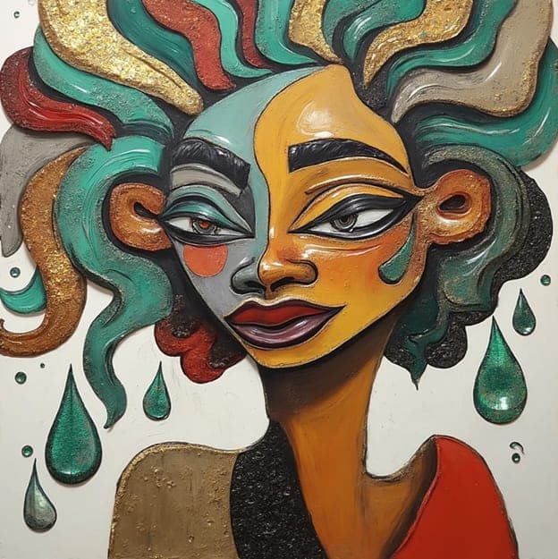 Relief Sculpted Face Teal Gold Red Symmetric Tears