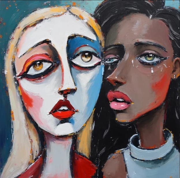 Two Women Portrait Cubist Tears Blonde Brunette