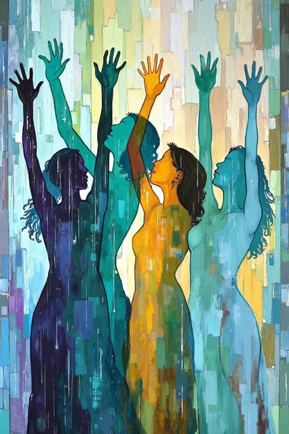Four Women Stained Glass Reaching Up Colorful