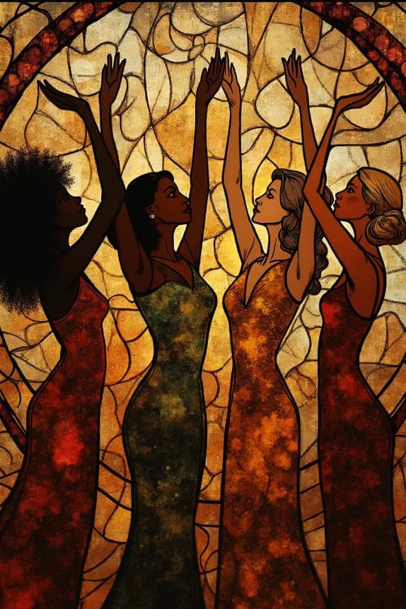 Five Women Mosaic Reaching Up Teal Orange