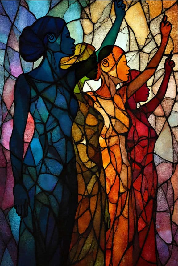 Mosaic Woman Crystalline Figures Reaching Blue