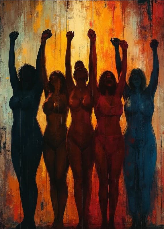 Five Silhouette Women Raised Fists Sunset