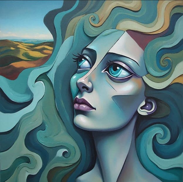 Swirl Hair Woman Portrait Teal Hills Looking Up