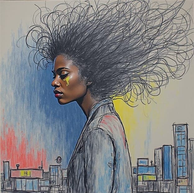 Pencil Sketch Windblown Hair Profile City Skyline