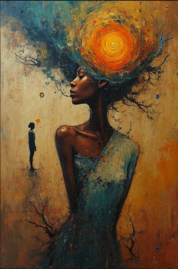 Sun Halo Profile Portrait Teal Dress Tree Roots