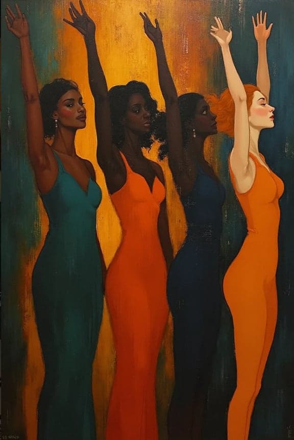 Four Women Raised Arms Colorful Gowns Portrait