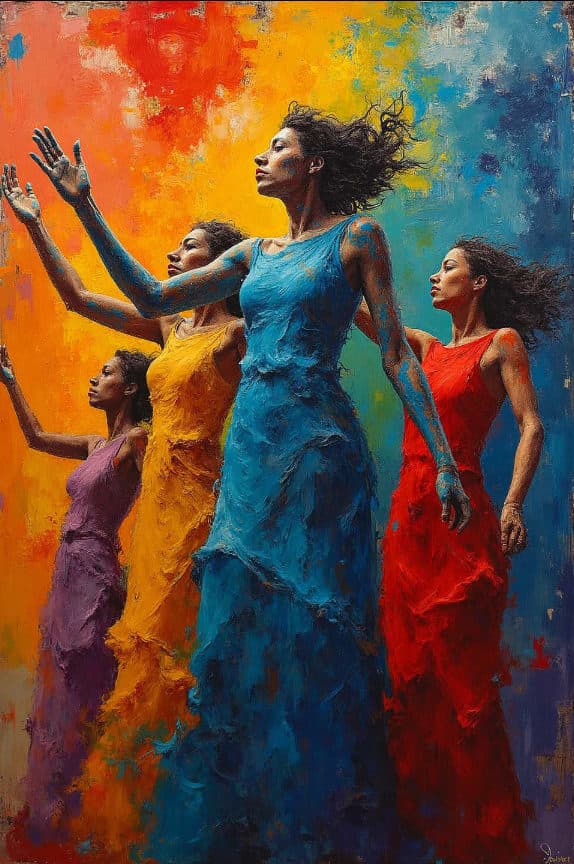 Four Women Reaching Up Textured Rainbow Gowns