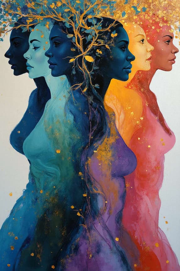 Six Women Nude Profile Tree Branch Gold Leaf