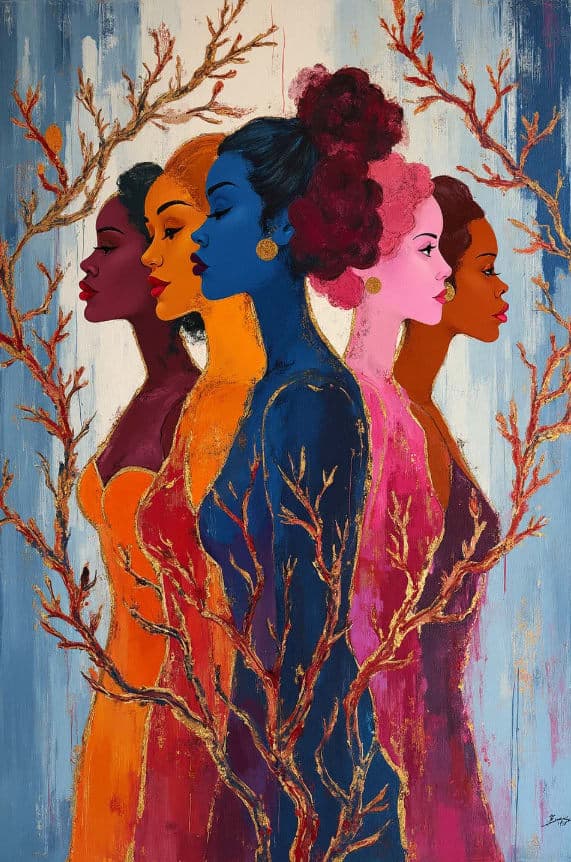 Six Women Profile Portrait Branch Frame Colorful