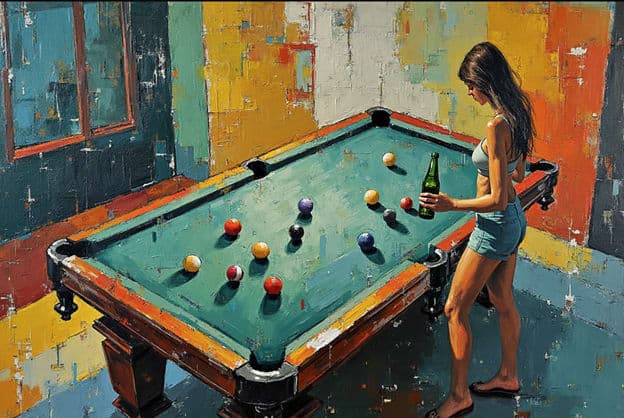 Woman Pool Table Bikini Painterly Scene
