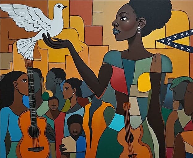 Woman Dove Guitar Crowd Folk Art Portrait