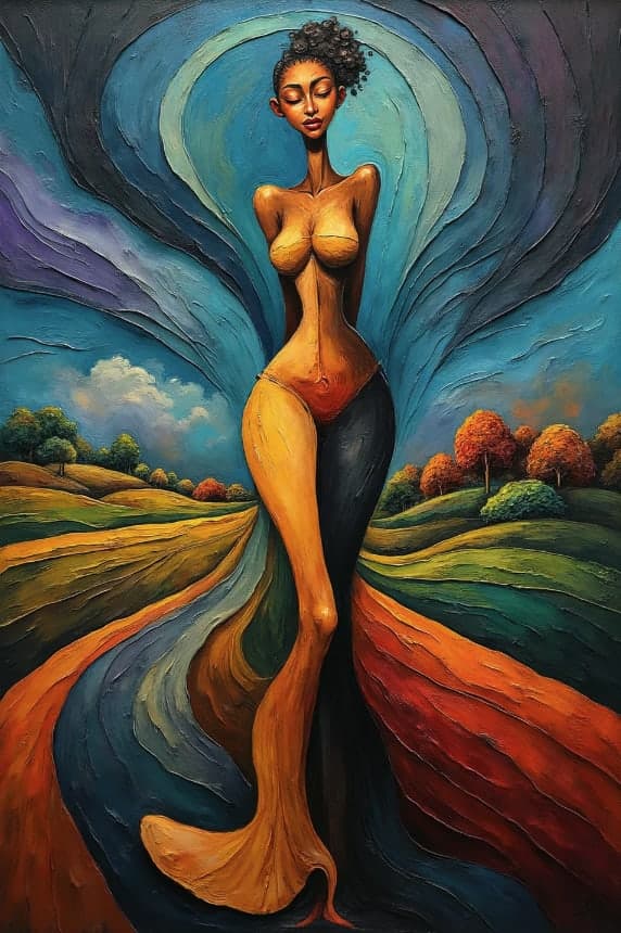 Stylized Nude Figure Blue Teal Landscape Abstract
