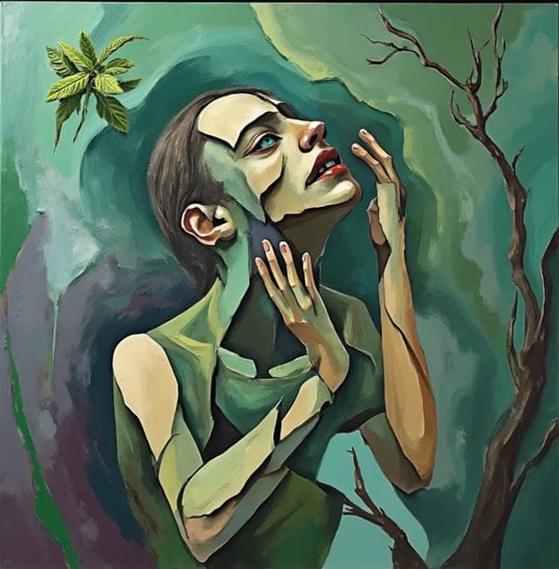 Green Toned Woman Portrait Branch Cubist