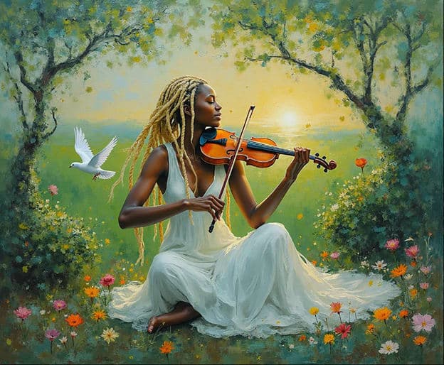 Woman Violin Garden Dove White Dress
