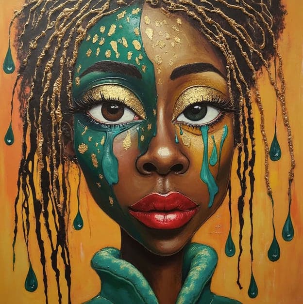 Dreadlocks Gold Teal Teardrop Face Portrait