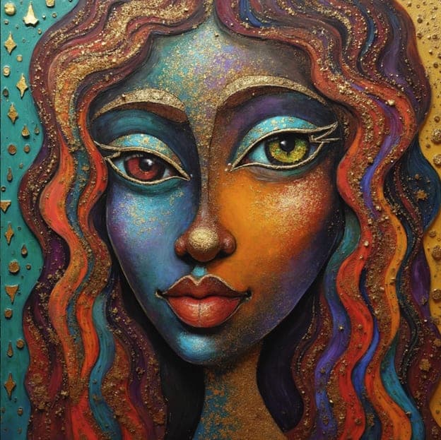 Textured Relief Face Jewel Tone Rainbow Hair