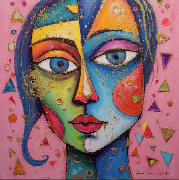 Geometric Cubist Face Pink Orange Gold Glitter