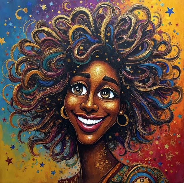 Smiling Face Rainbow Curly Hair Gold Glitter Stars