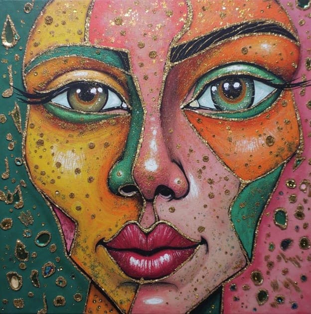 Gold Dot Freckled Face Green Orange Pink Portrait