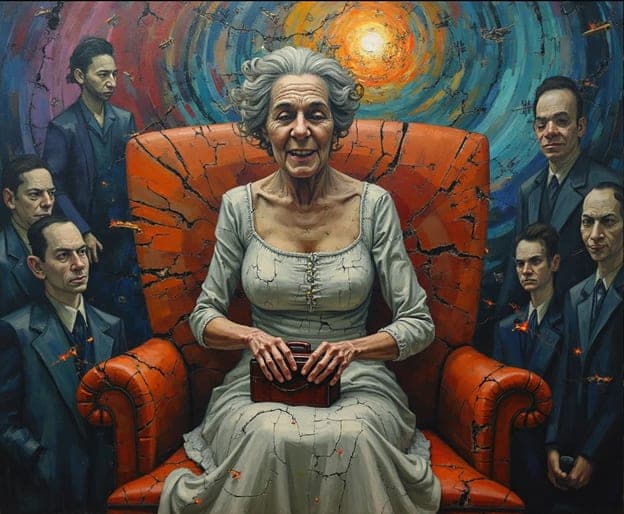 Elderly Woman Cracked Armchair Surreal Men Background