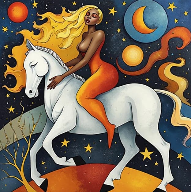 Nude Woman Horseback Celestial Orange Gown Stars