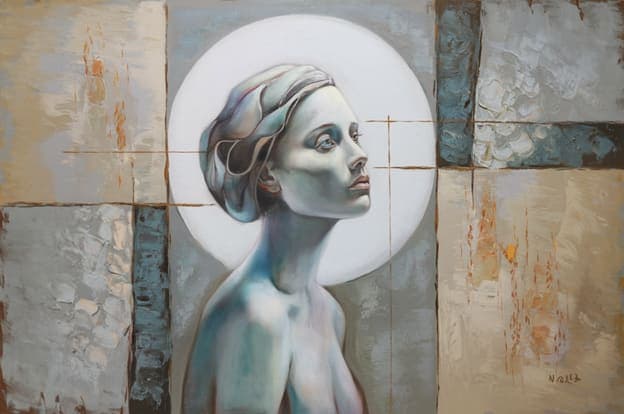 Pale Blue Woman Bust Portrait Halo Circle