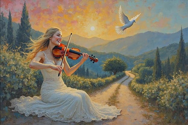 Woman Violin Sunset Dove White Gown Countryside
