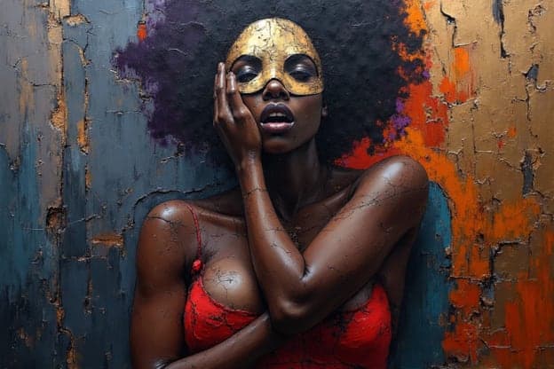 Gold Mask Cracked Skin Red Dress Portrait