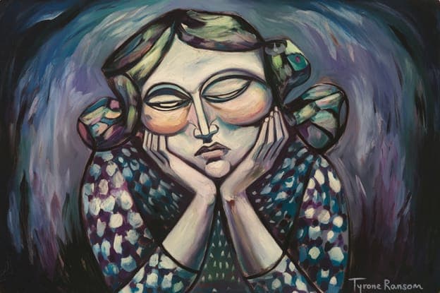 Cubist Woman Resting Face Hands Portrait