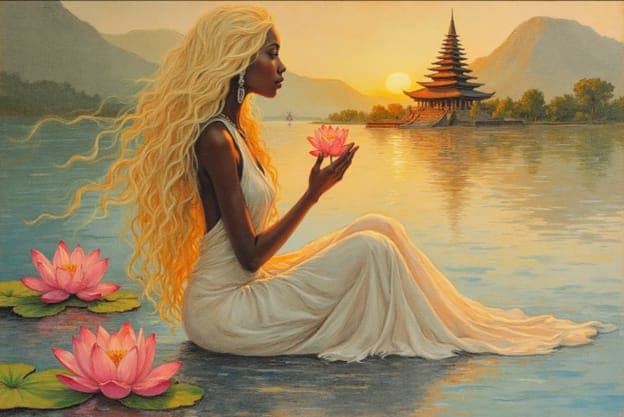 Woman Lotus Pond Temple Sunset Lily Flower