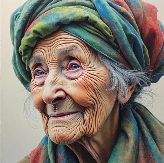 Elderly Woman Colorful Headwrap Realistic Portrait
