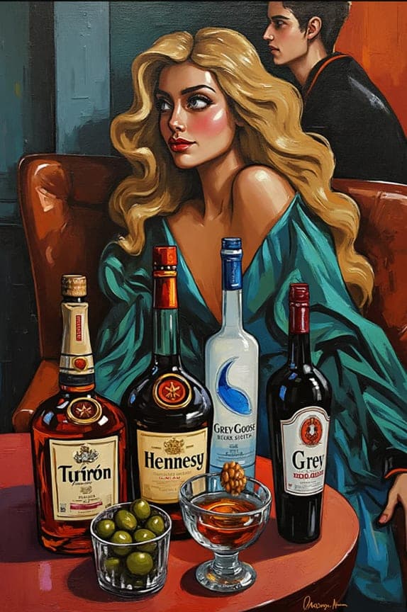Woman Liquor Bottles Bar Table Portrait