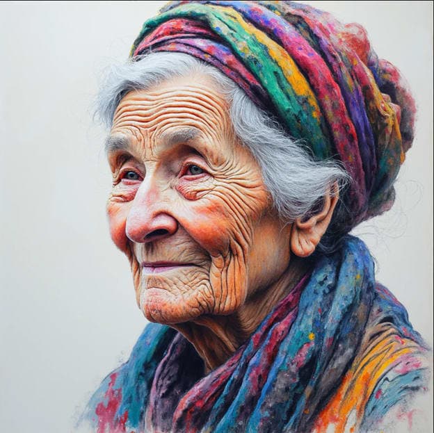 Elderly Woman Rainbow Headwrap Colored Pencil