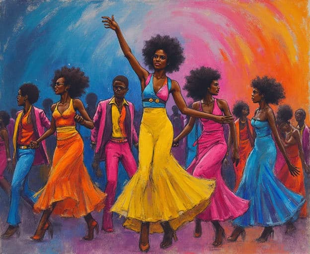 Disco Dance Group Colorful 70s Portrait