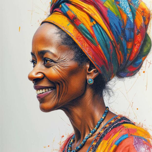 Smiling Elderly Woman Colorful Headwrap Portrait