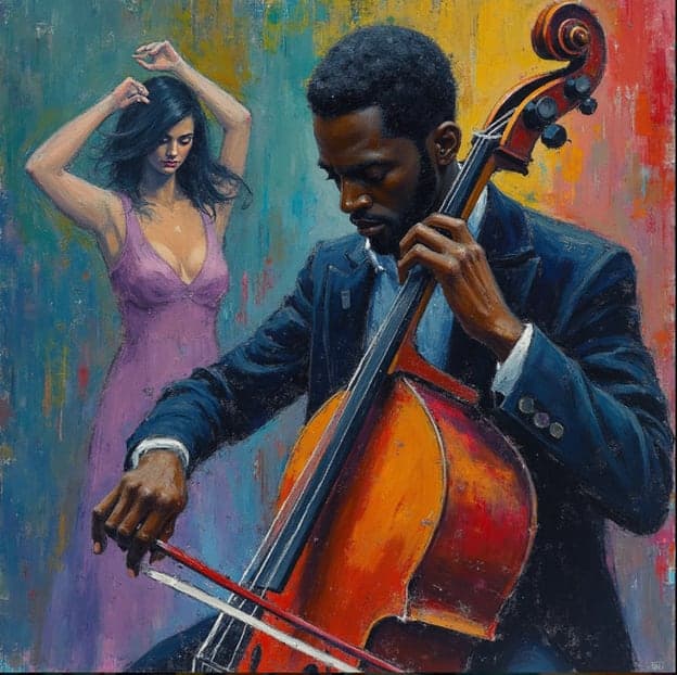 Cellist Dancing Woman Colorful Background