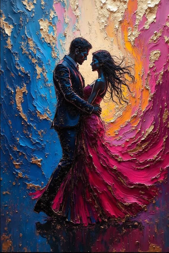 Couple Dancing Gold Pink Blue Impasto