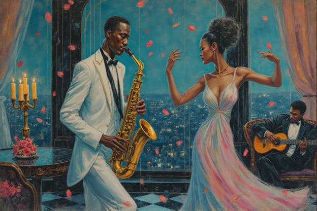 Saxophonist Woman Dancing Rose Petals Skyline