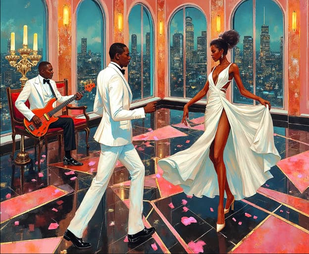 Ballroom Dancers Guitarist City Skyline Windows