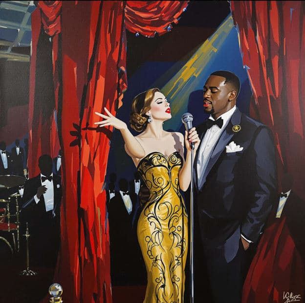Singer Duo Gold Dress Red Curtain Stage
