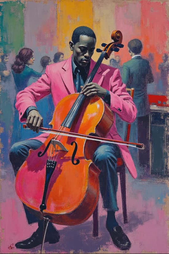Cellist Pink Suit Colorful Dancers Background