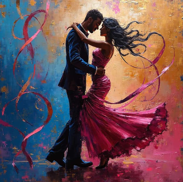 Couple Dancing Pink Ribbon Swirl Gold Blue