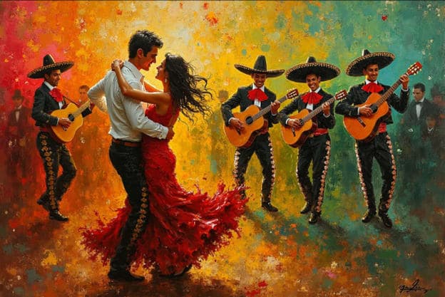 Flamenco Couple Mariachi Trio Colorful Splash