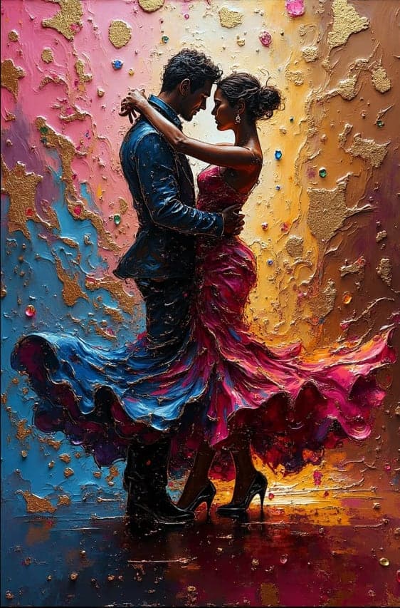 Couple Dancing Magenta Dress Jewel Splash Impasto