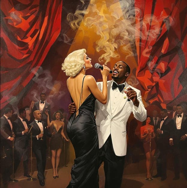 Singer Duo Black Dress Smoke Red Curtain