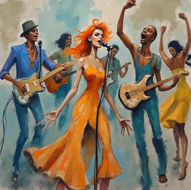 Redhead Singer Orange Dress Band Cheering