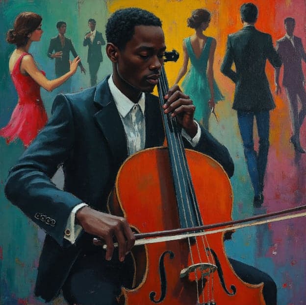 Cellist Dancers Colorful Ballroom Red Dress