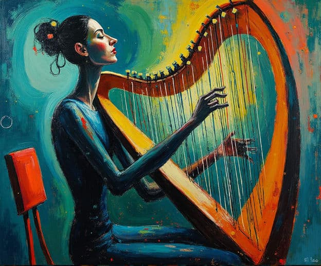 Harpist Woman Profile Teal Swirl Background