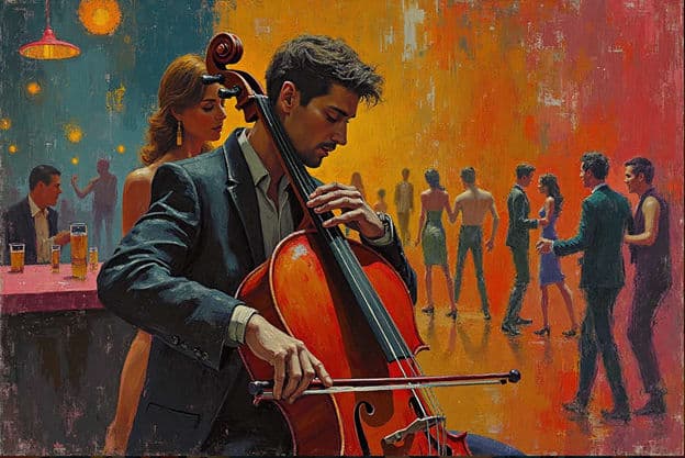 Cellist Woman Bar Scene Dancers Colorful