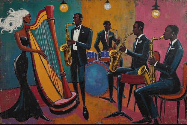 Harpist Woman Black Dress Saxophone Quartet